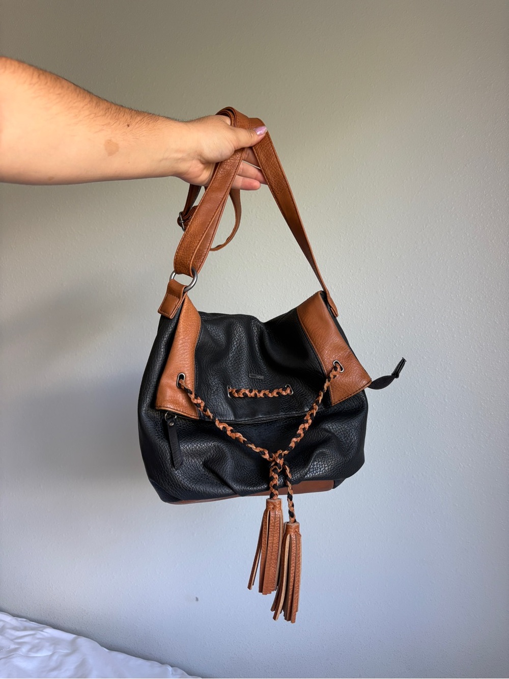 Roxy Black and Brown Braided Tassel Hobo Bag